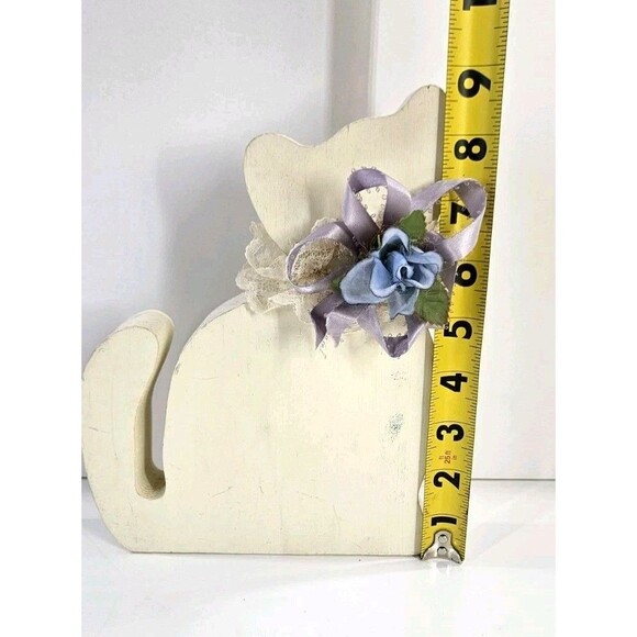 Vtg Wood Primitive Country Kitty Cat Floral Bow Farmhouse Shabby Chic Cottage - Picture 3 of 12